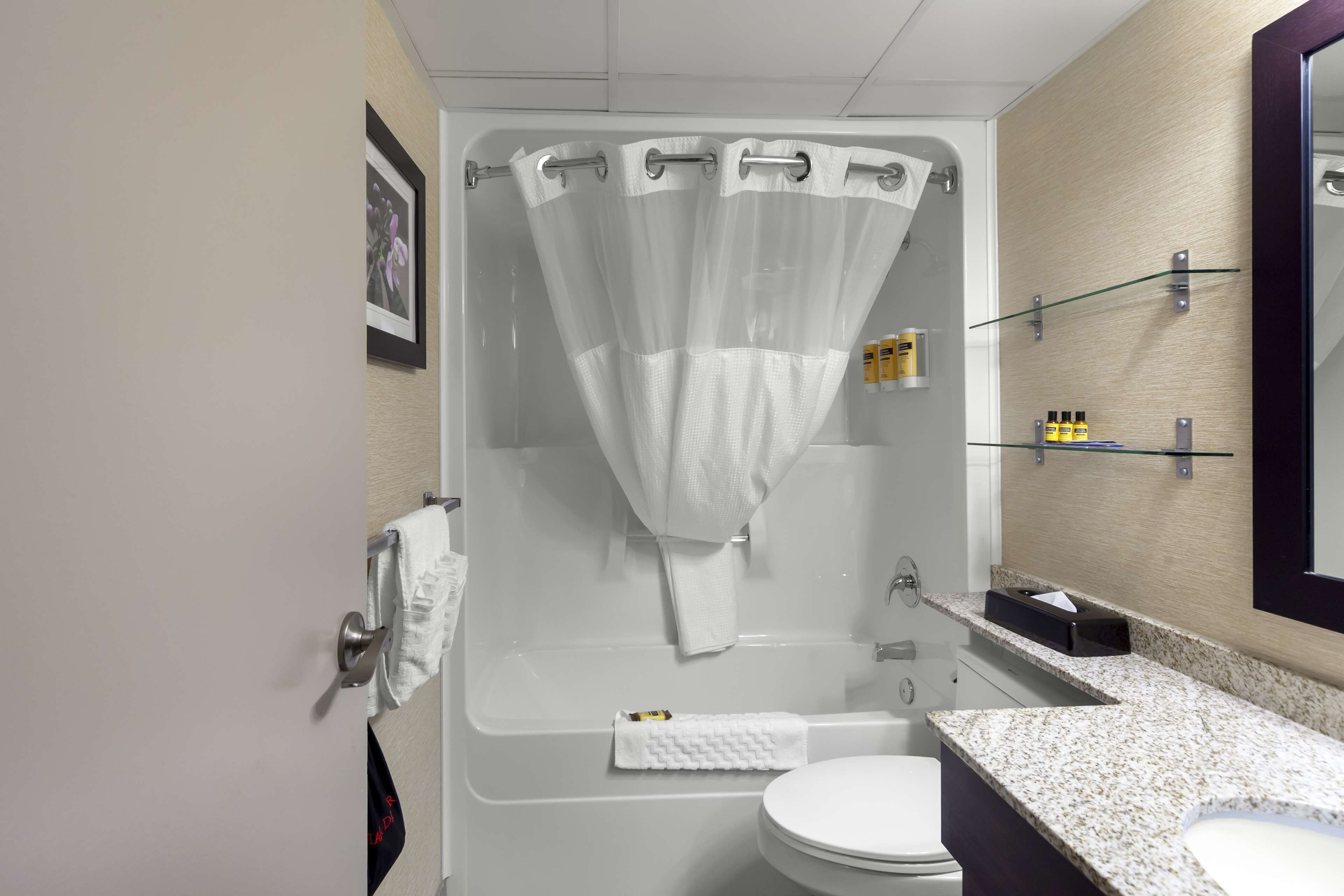 standard room, 1 queen bed, non smoking, refrigerator | bathroom | combined shower/bathtub, designer toiletries, hair dryer, towels