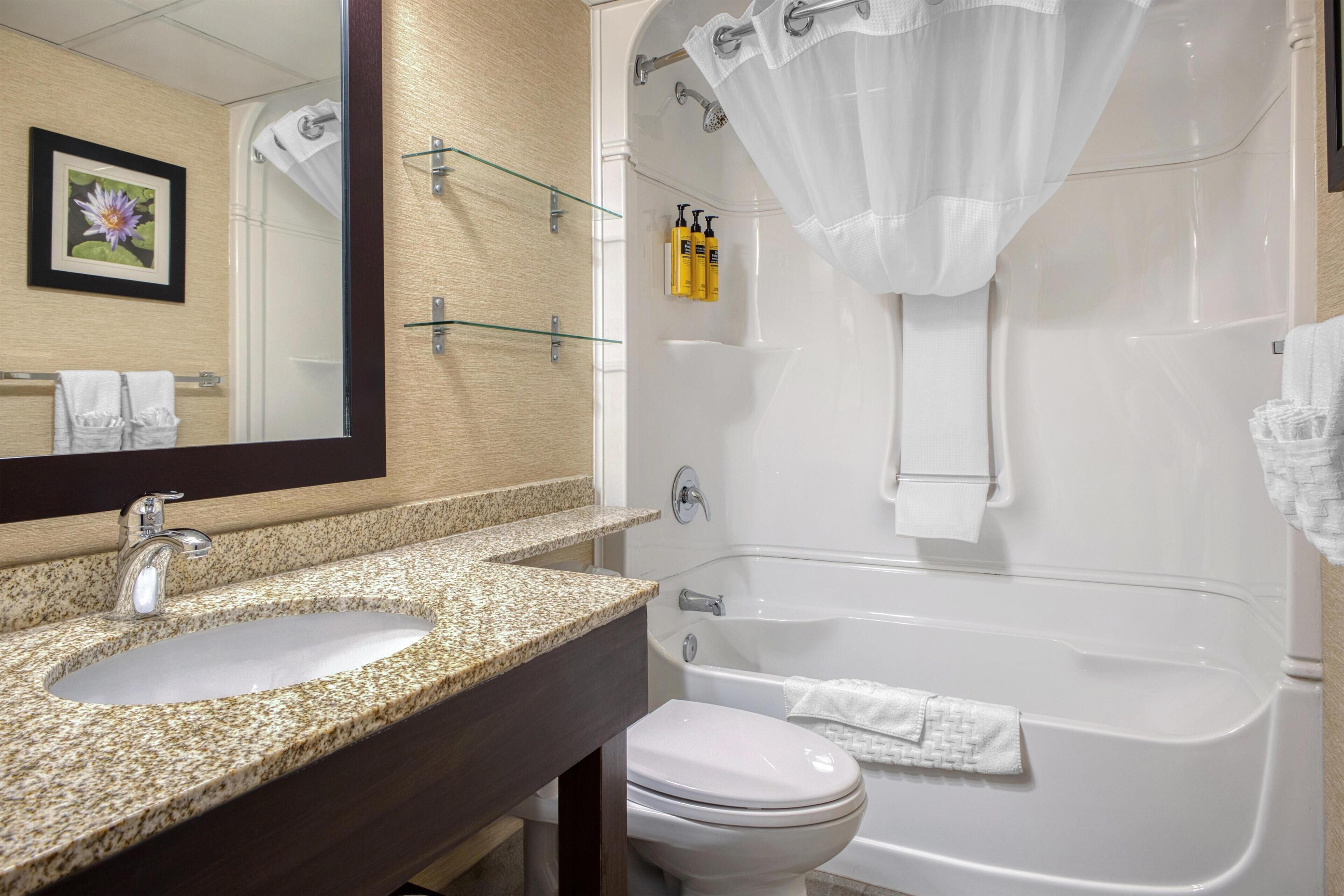 A bathroom with a granite countertop sink, a white toilet, a bathtub with a shower curtain, and a mirror with a framed picture.