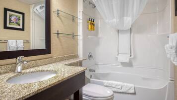 A bathroom with a granite countertop sink, a white toilet, a bathtub with a shower curtain, and a mirror with a framed picture.