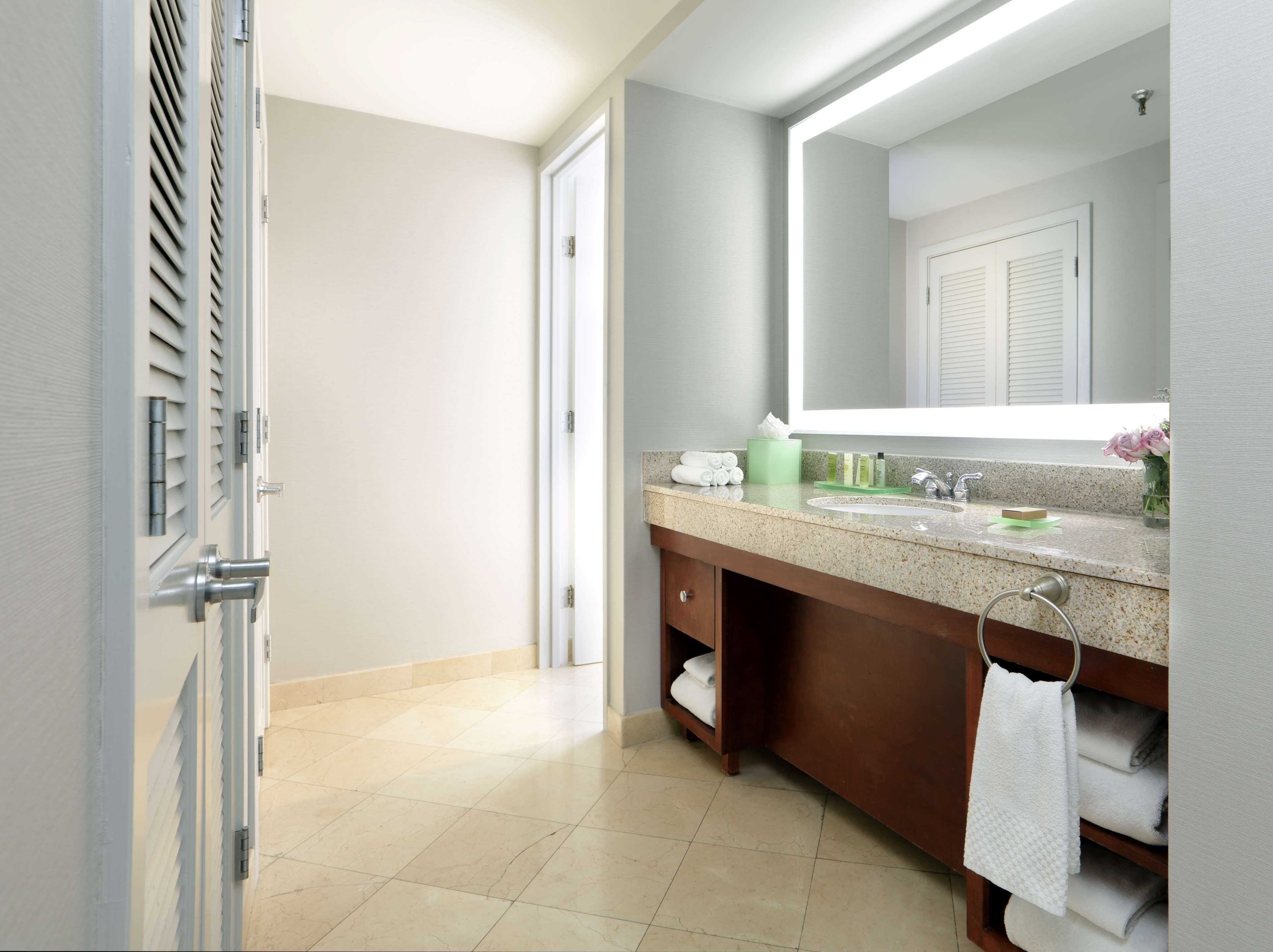 one king bed, with jetted tub | bathroom | shower, designer toiletries, hair dryer, towels