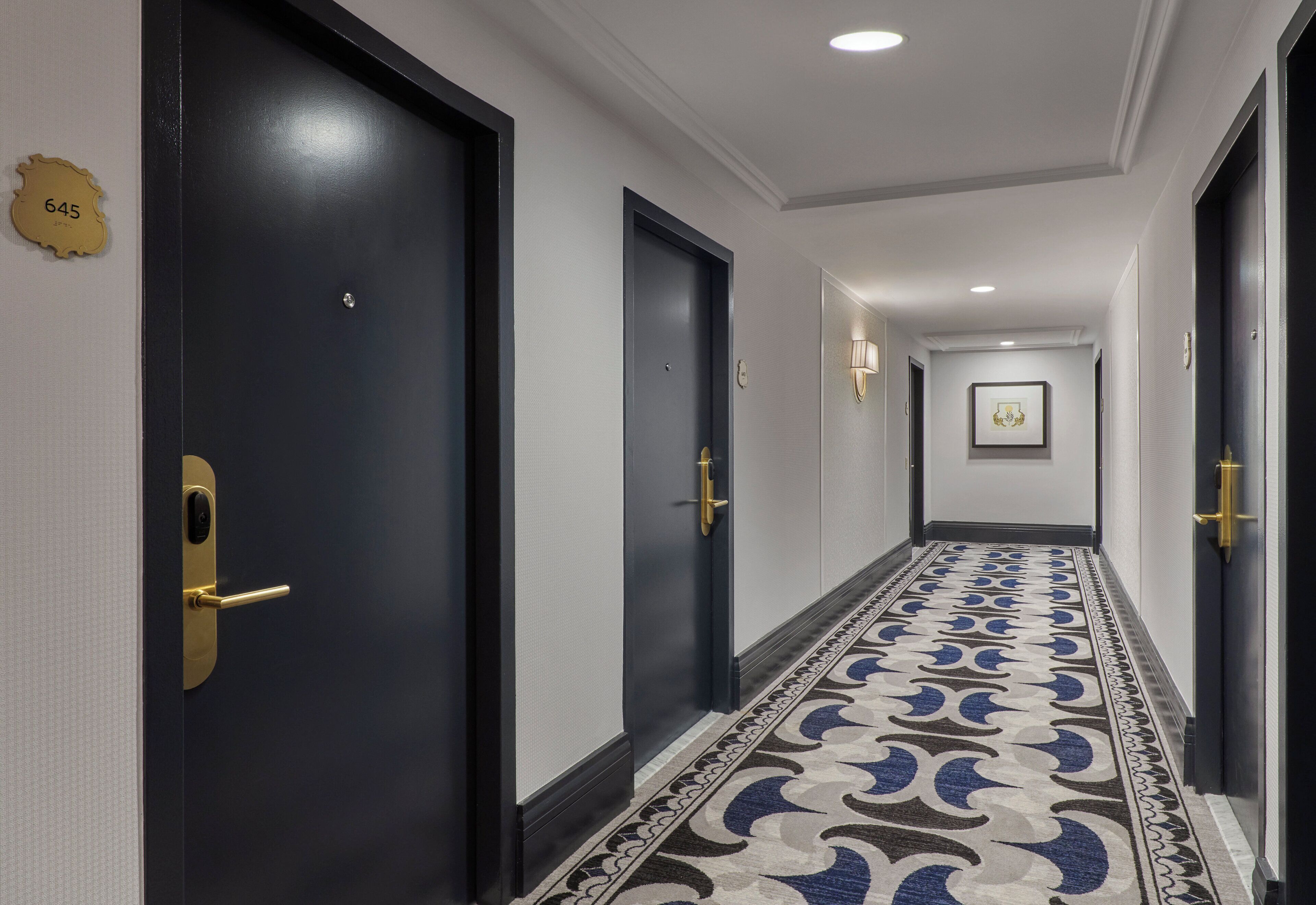 A hotel hallway with dark doors, a patterned carpet, and a framed picture on the wall.