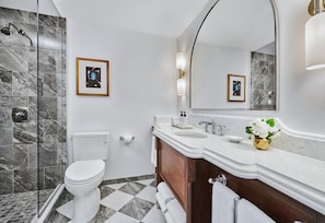 Enjoy a refreshing shower in the sleek shower enclosure with a glass door, a toilet, and a vanity with a large mirror.