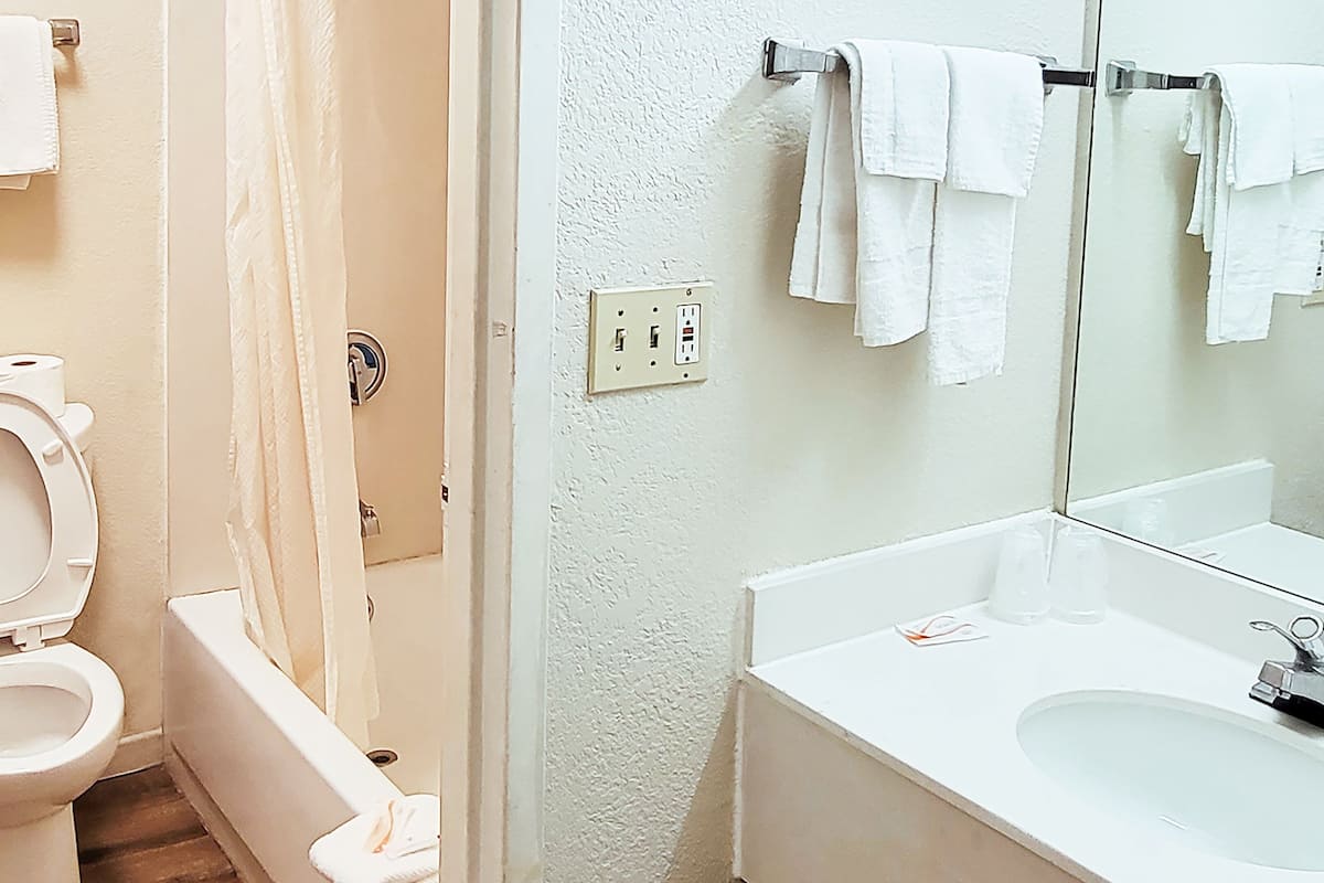 combined shower/bathtub, free toiletries, hair dryer, towels