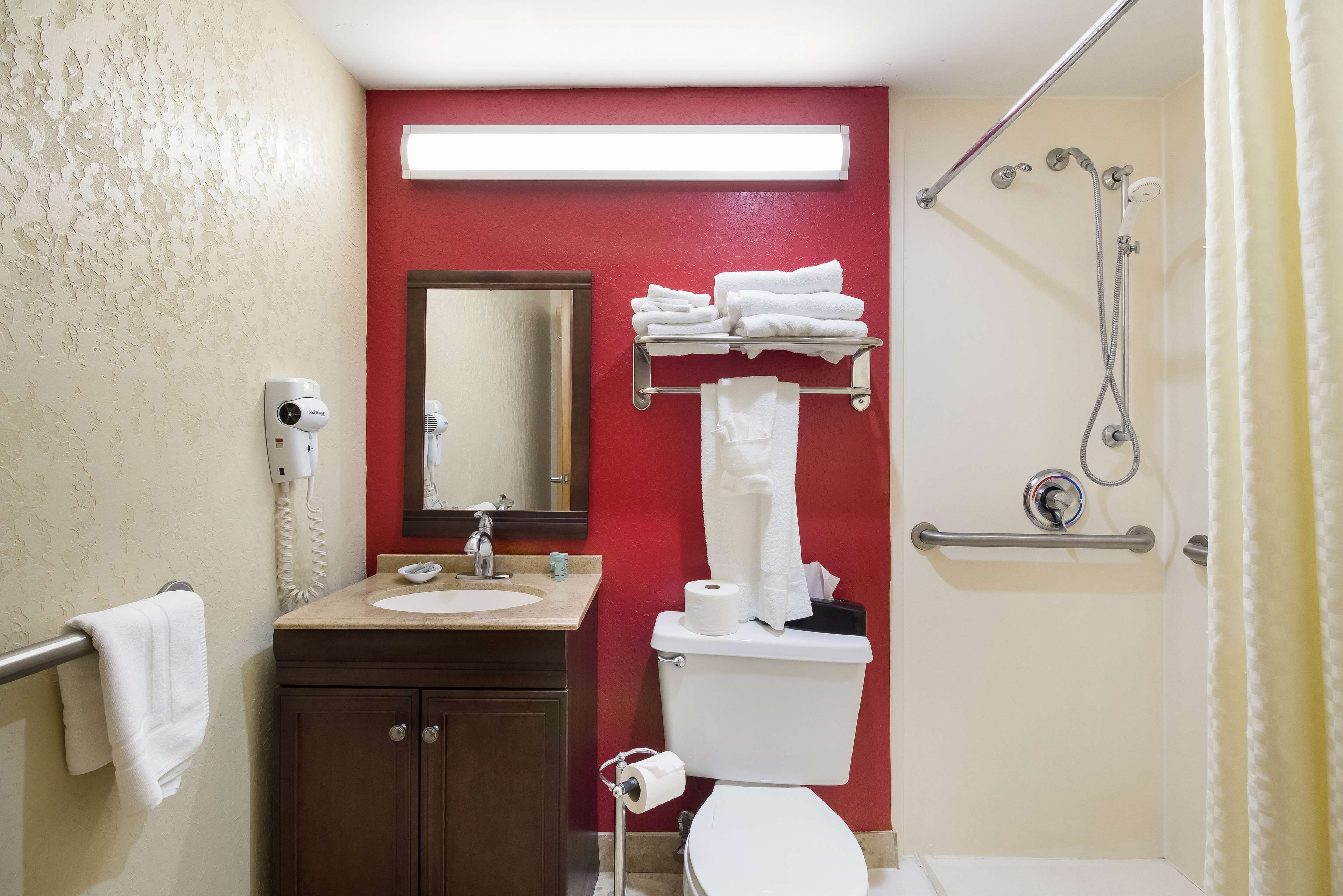 Un baño con lavamanos, espejo, inodoro, toallero y ducha.