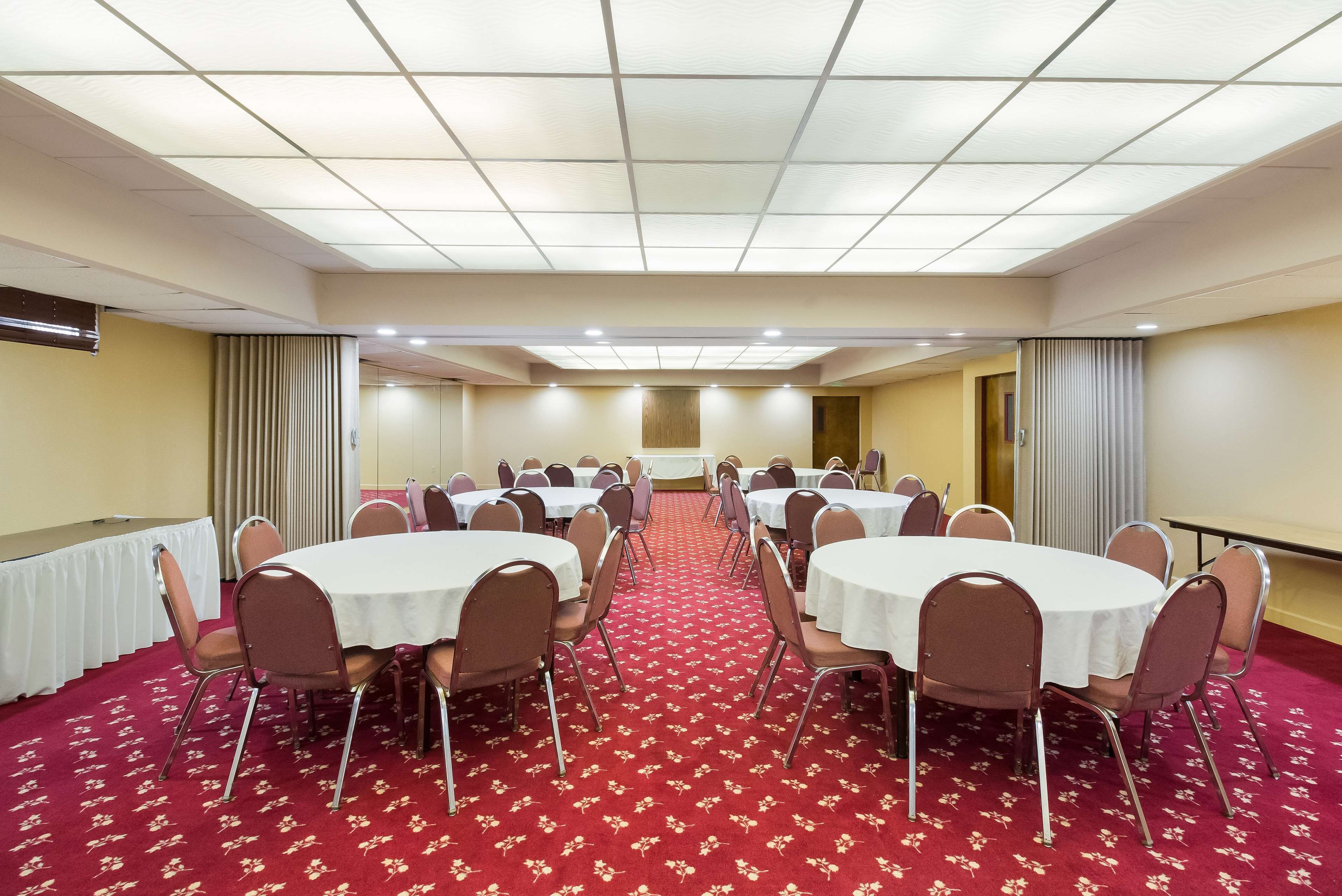 Uma sala de conferências com várias mesas redondas, cadeiras e piso coberto por um tapete vermelho.