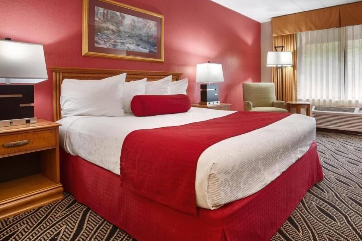 Quarto de hotel com uma cama grande, televisão, escrivaninha, cadeira e um quadro na parede.