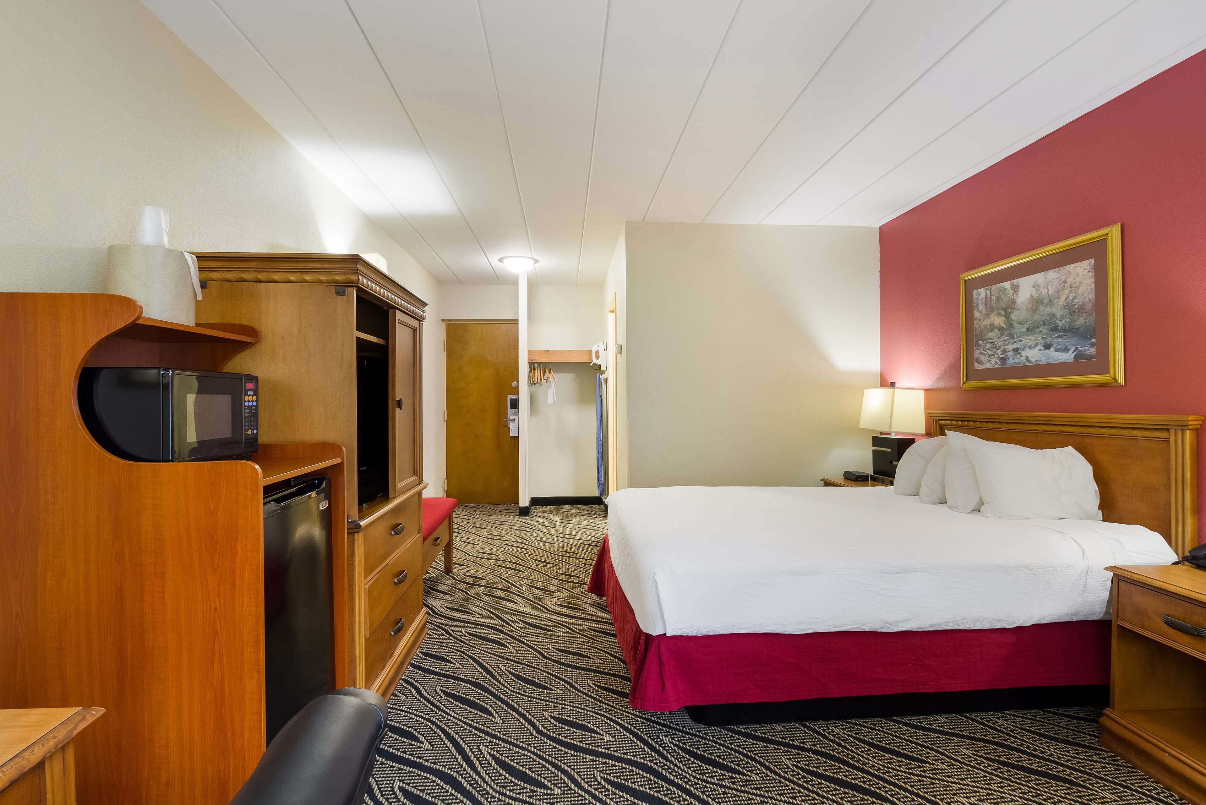 Une chambre d’hôtel avec un lit, un bureau doté d’un micro-ondes, un réfrigérateur, une armoire en bois, une moquette rouge et un tableau accroché au mur.