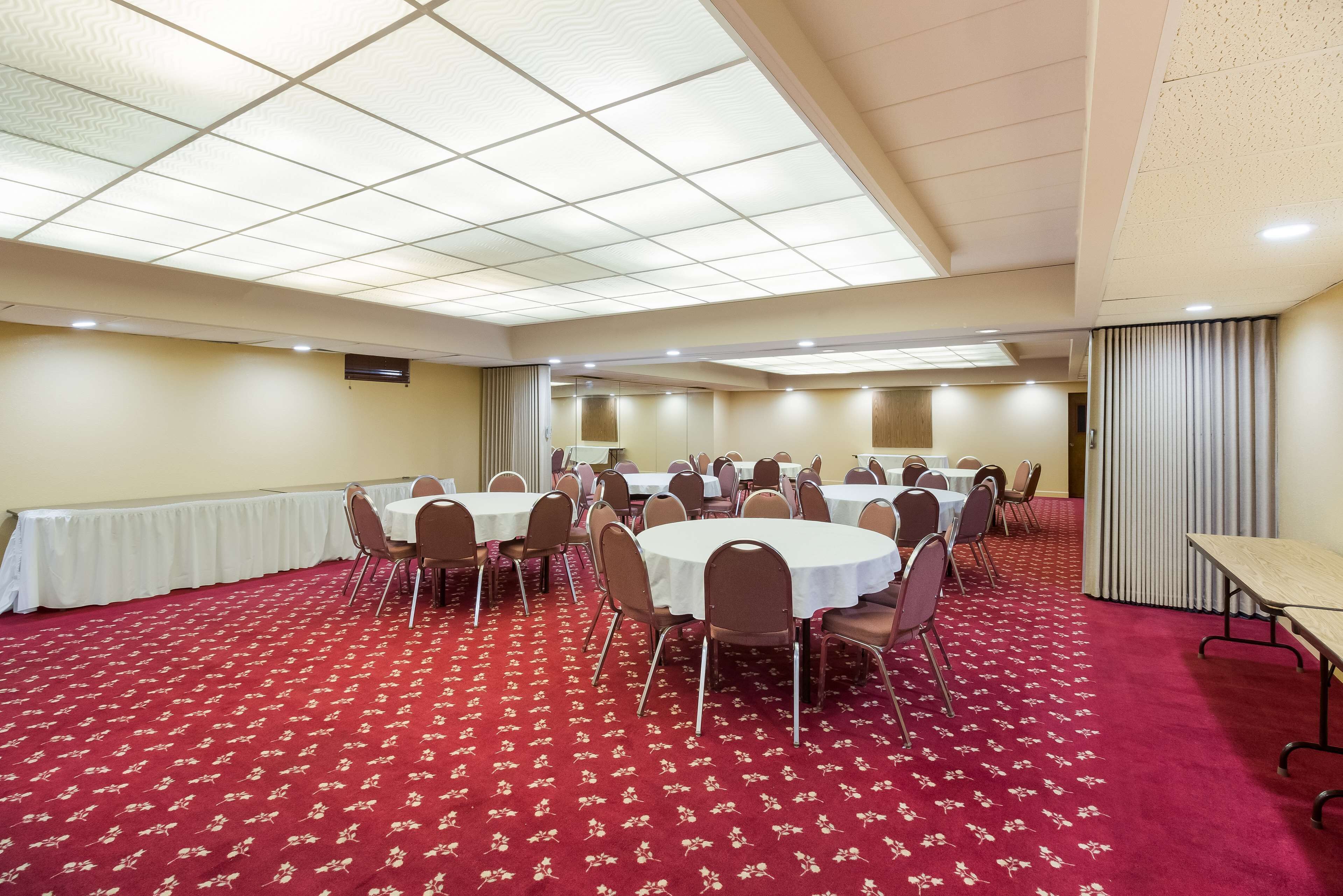 Un salón de conferencias con mesas y sillas redondas, una alfombra roja e iluminación empotrada en el techo.