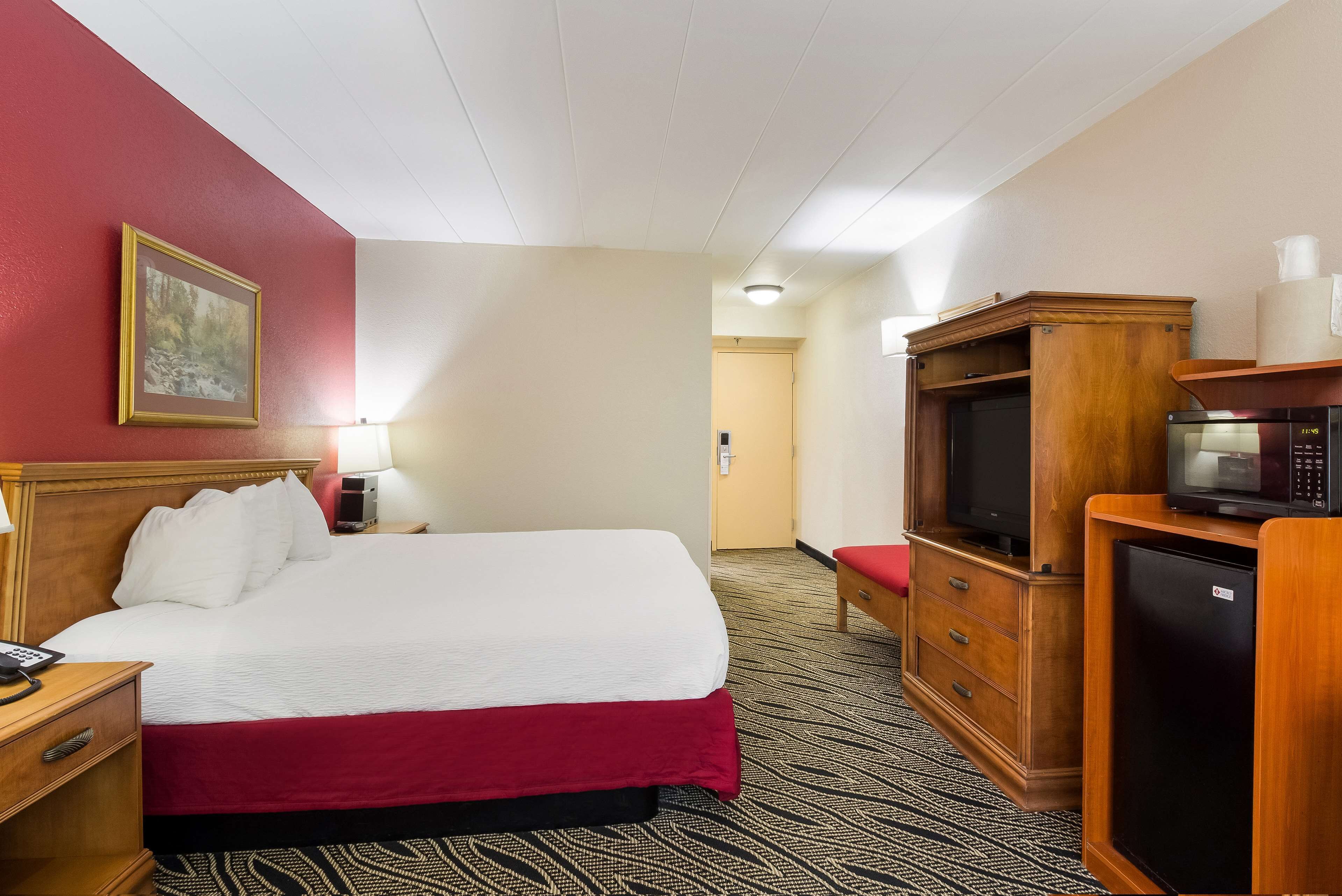 Een hotelkamer met een bed, een bureau met telefoon, een televisie, een koelkast en een magnetron.
