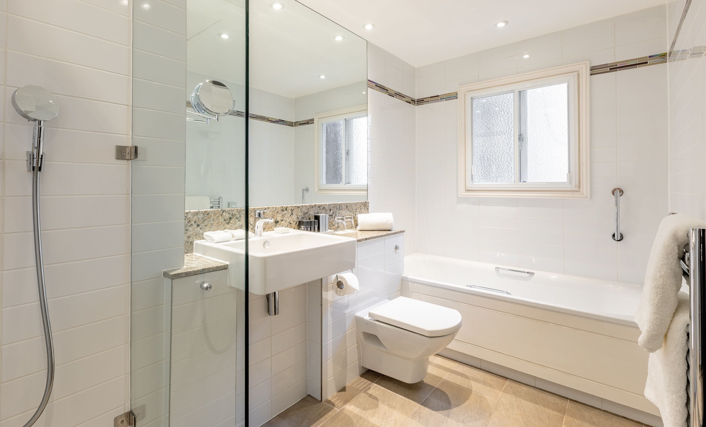 eco-friendly toiletries, hair dryer, towels