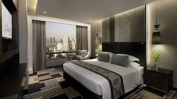 A modern hotel room with a large bed, a city view, a sitting area, and a TV.
