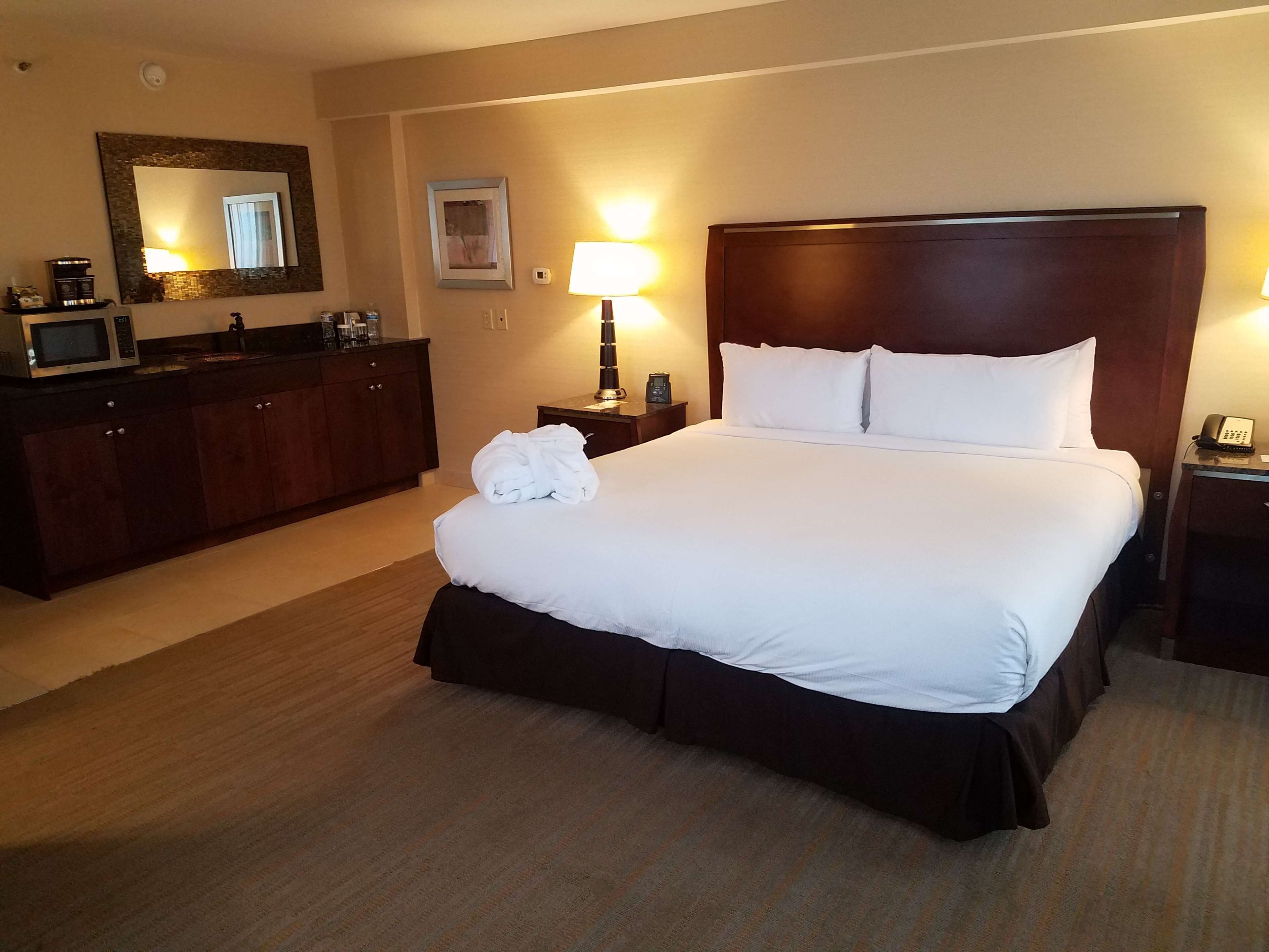 A hotel room with a large bed, a wooden headboard, a bedside table with a lamp, a small desk with a telephone, a microwave on the counter, and a cabinet with toiletries.
