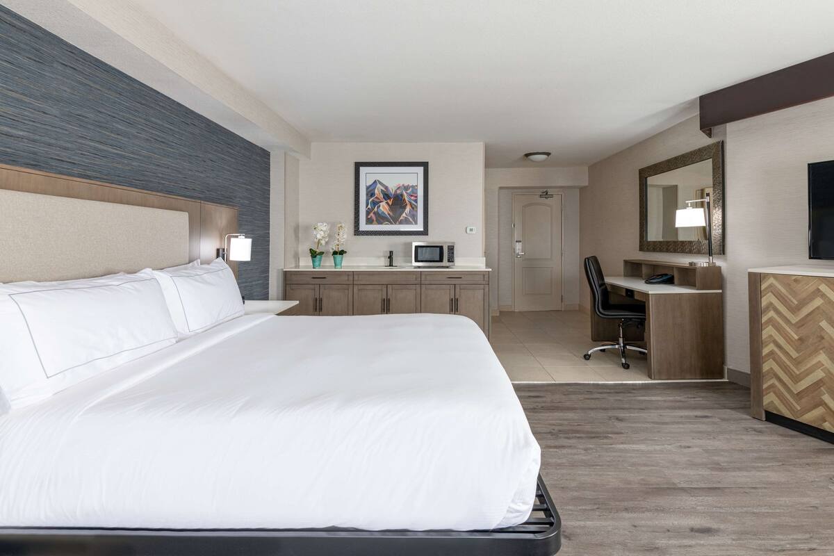 A hotel room with a large bed, a desk with a computer, a microwave, and a TV.