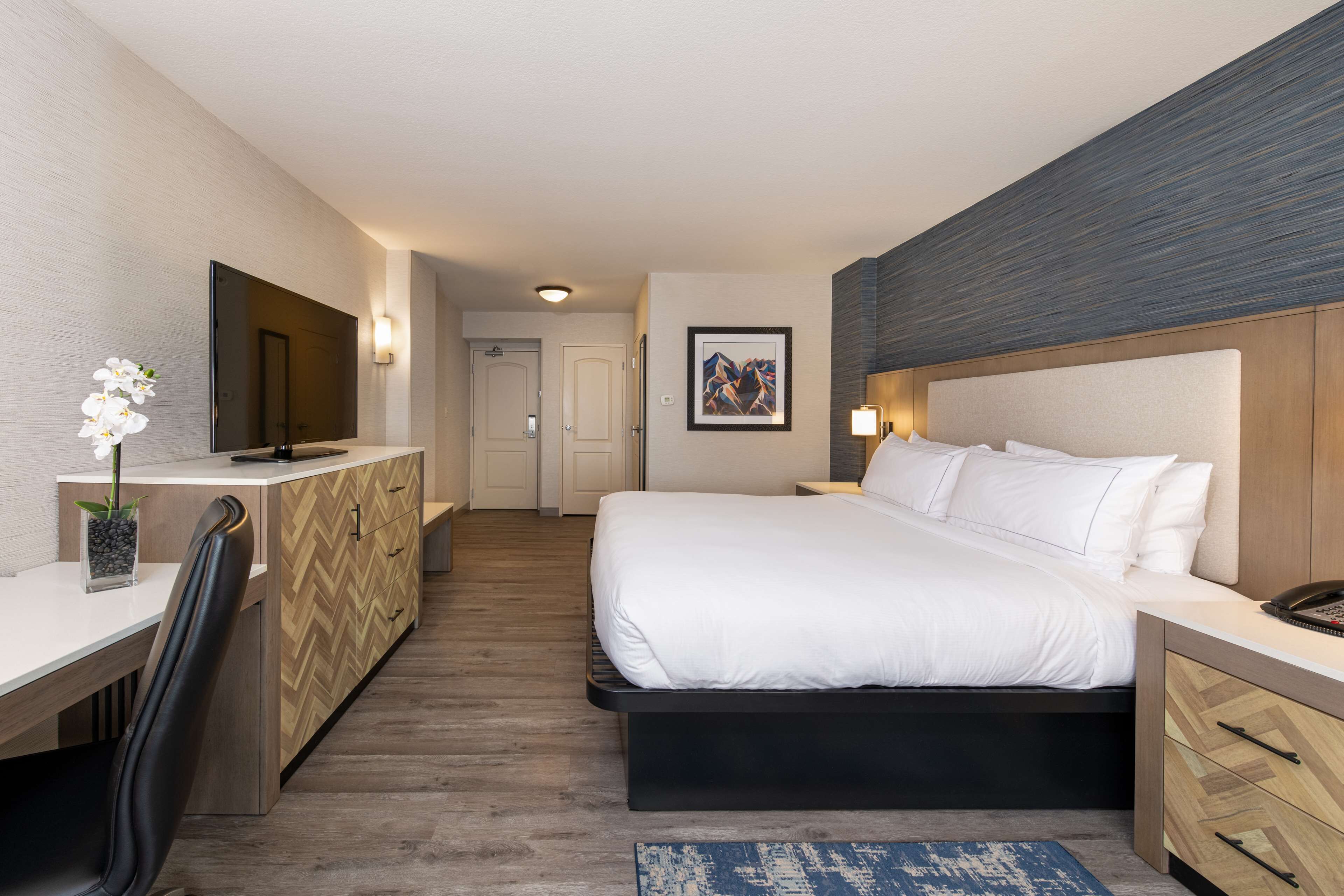 A hotel room with a bed, bedside table, desk, chair, and a TV.