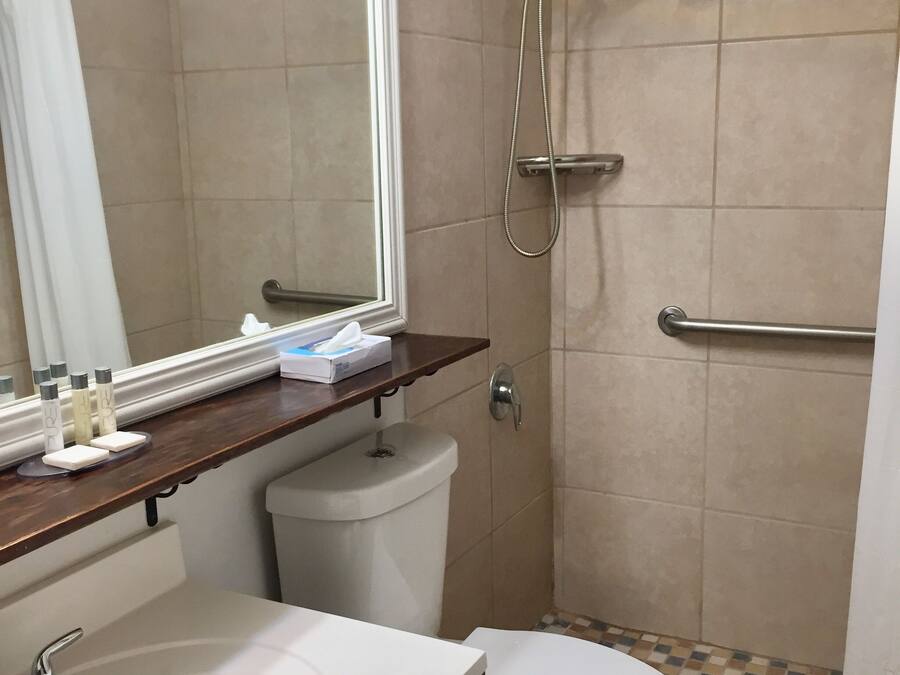 Et badeværelse med vask, toilet og bruser.