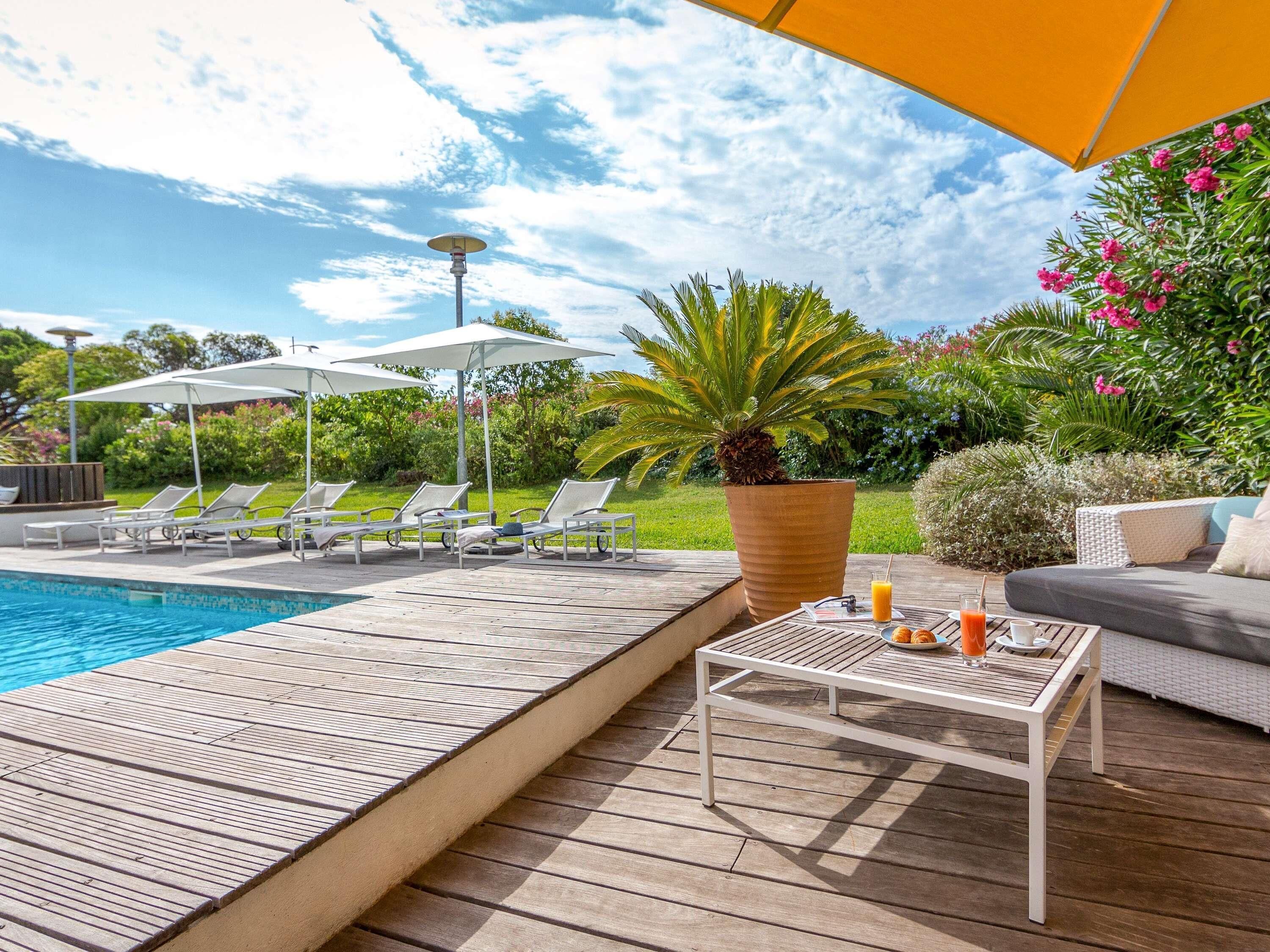 A poolside area with lounge chairs, a table with drinks, and a large potted plant.