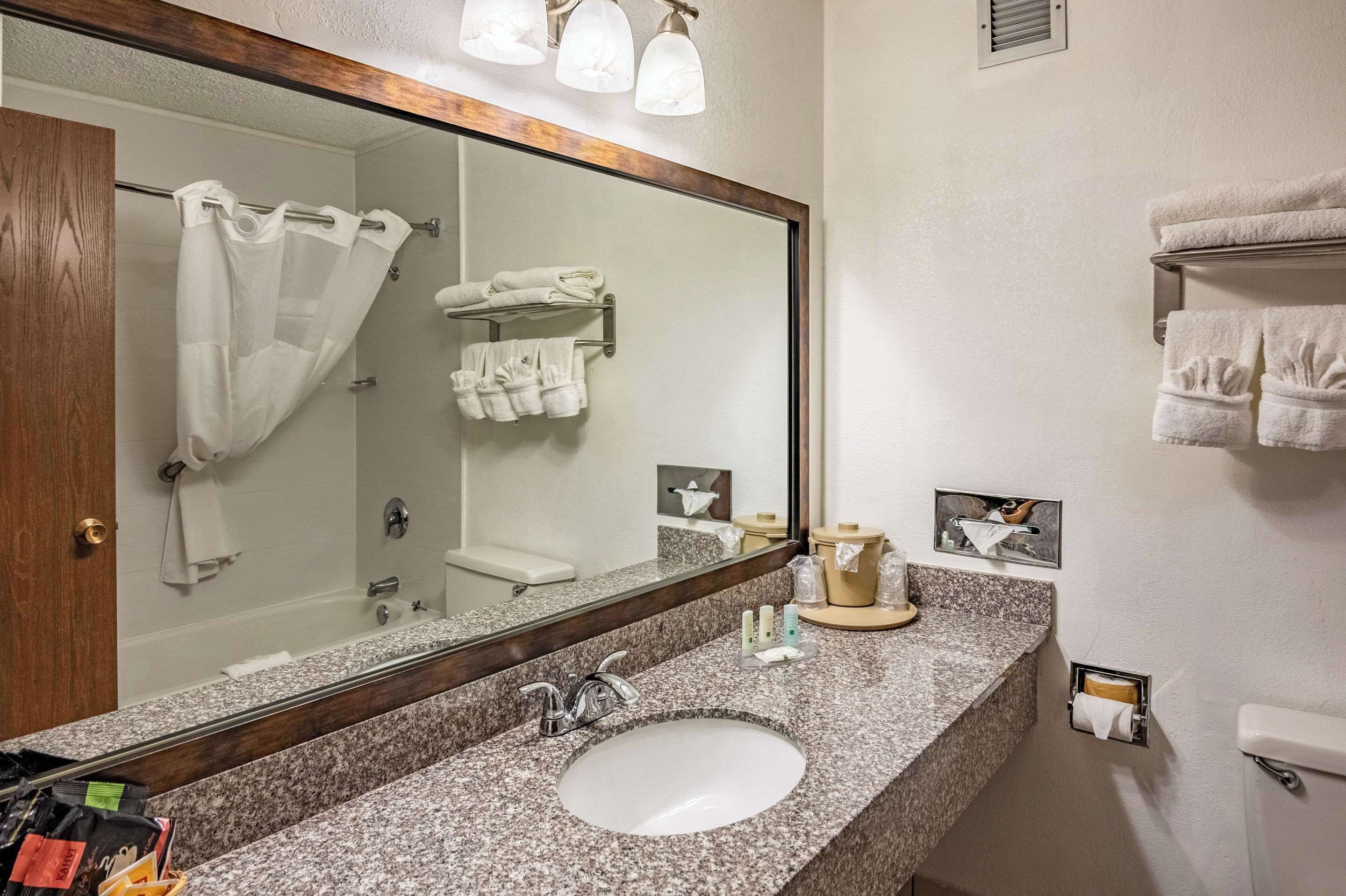 Un baño con lavamanos de encimera de granito, un espejo grande y un perchero con varias toallas.