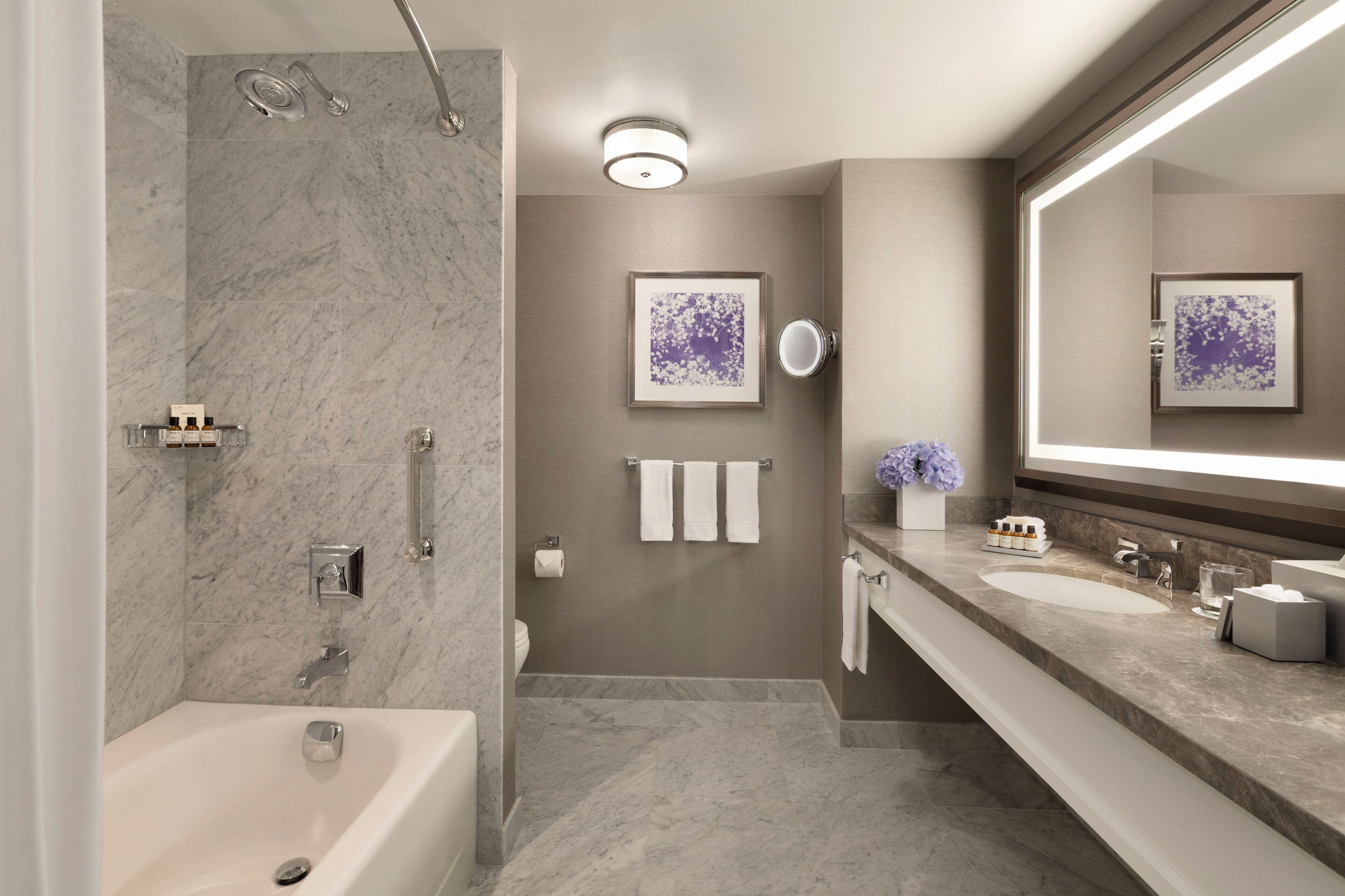 A modern bathroom with a bathtub, a shower, a vanity with a sink, and a large mirror.