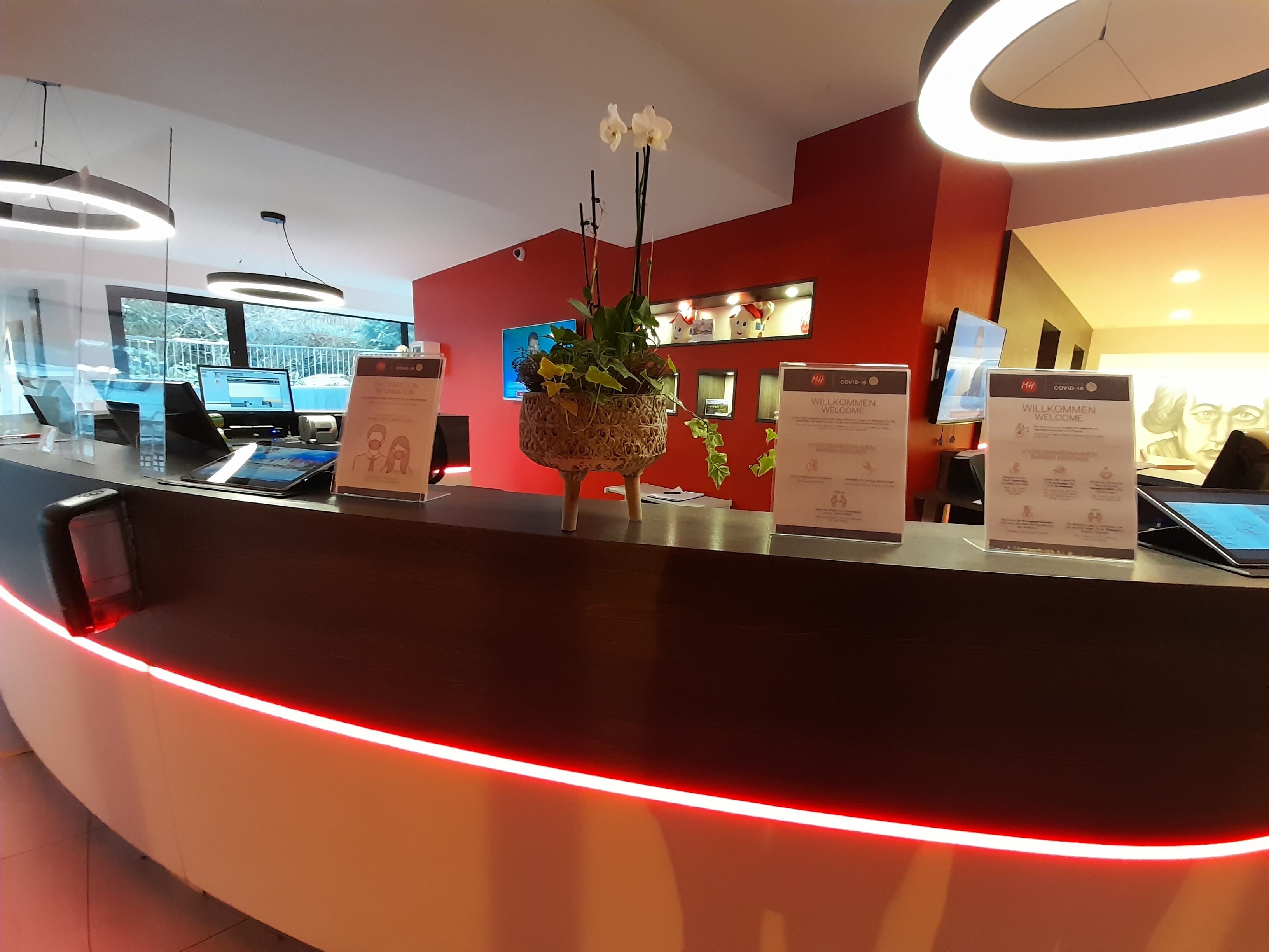 Un comptoir d’accueil au design incurvé, un mur rouge et une plante en pot.