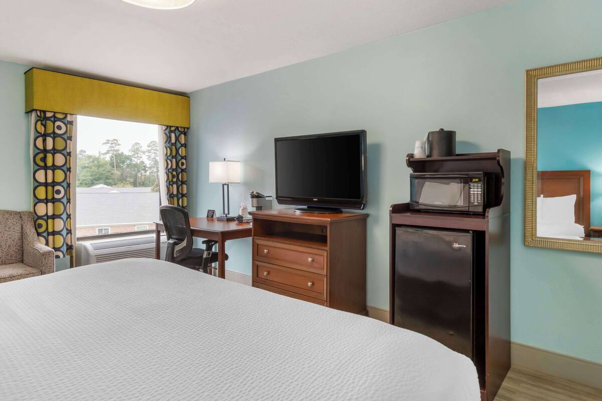 A hotel room with a bed, a desk, a television, a microwave, and a chair.