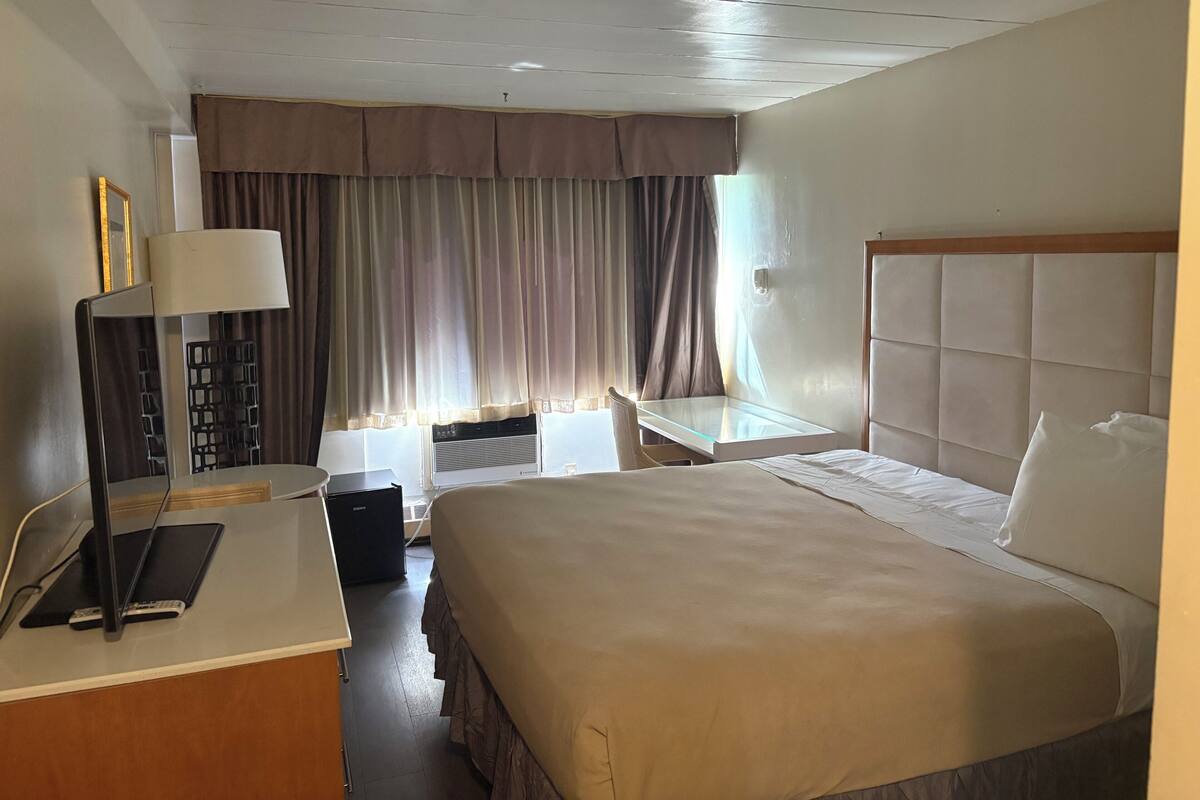 Une chambre d’hôtel avec un lit, une table de chevet, une lampe et une vue sur l’extérieur à travers les rideaux.