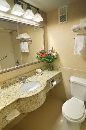 Ein Badezimmer mit einem Granittisch, einem Spiegel, einer Toilette und einer Vase mit Blumen.