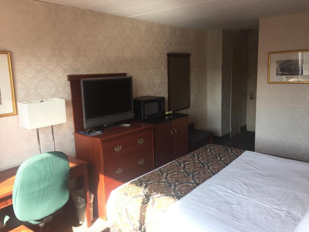 A hotel room with a bed, a television, a desk, and a chair.