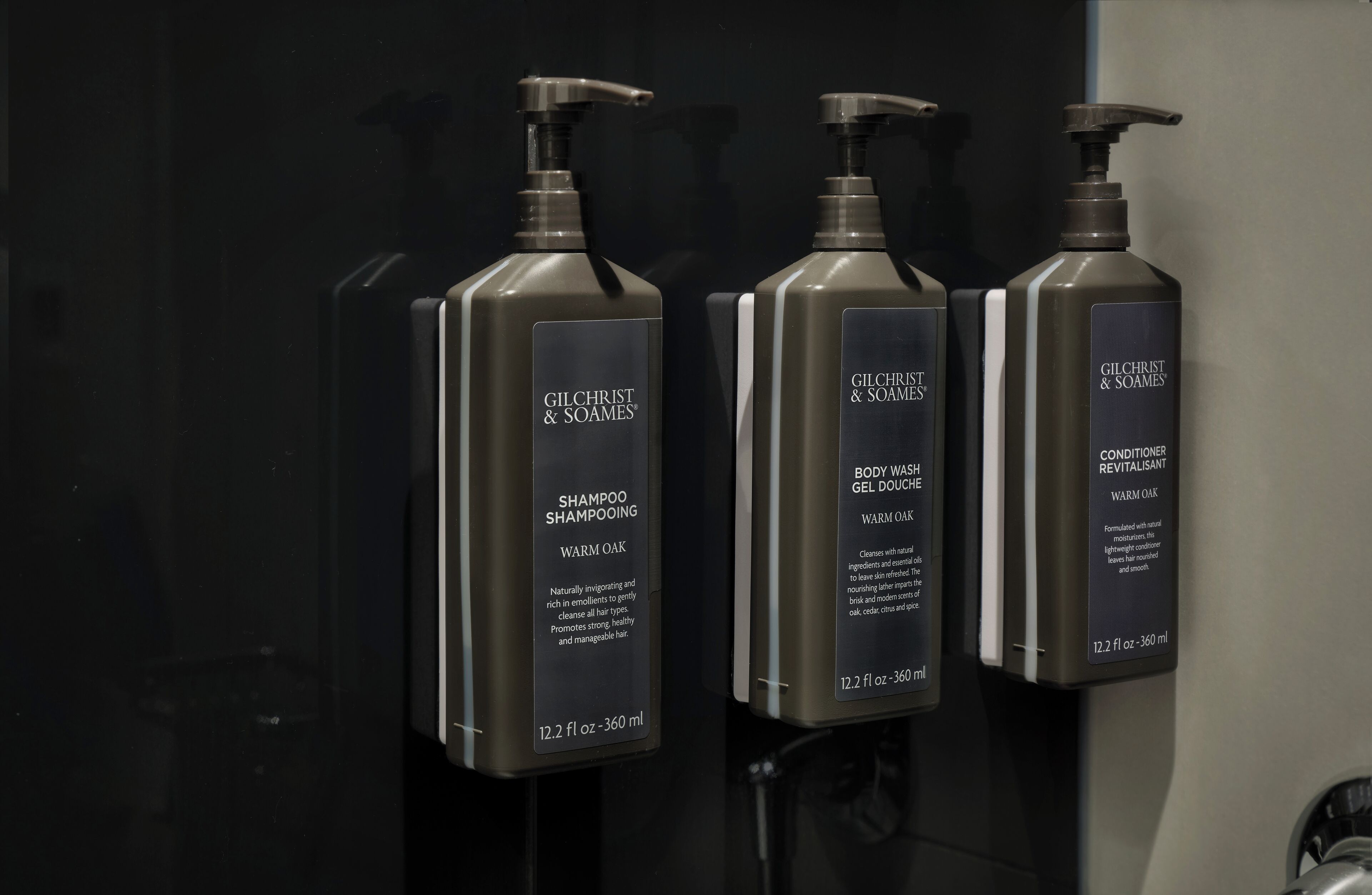 eco-friendly toiletries, hair dryer, towels, soap