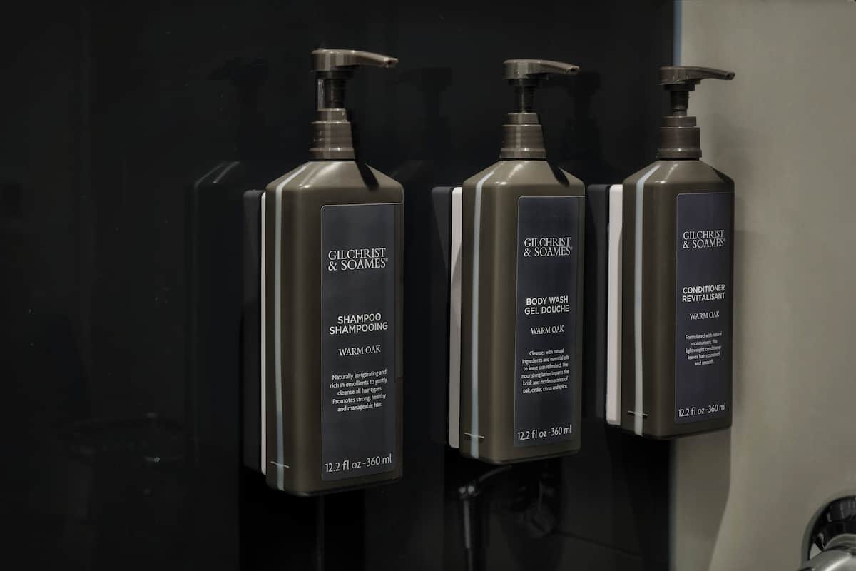 eco-friendly toiletries, hair dryer, towels, soap