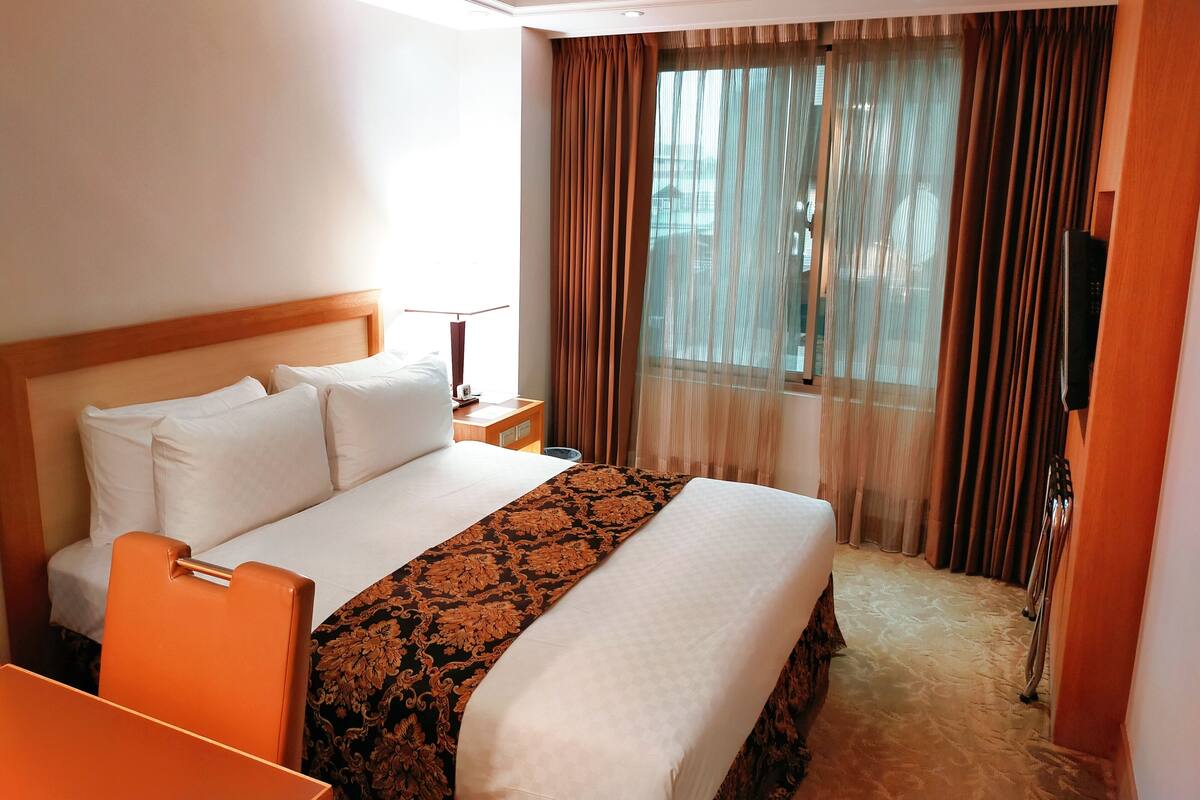 A hotel room with a large bed, a nightstand, a TV, and a window with curtains.