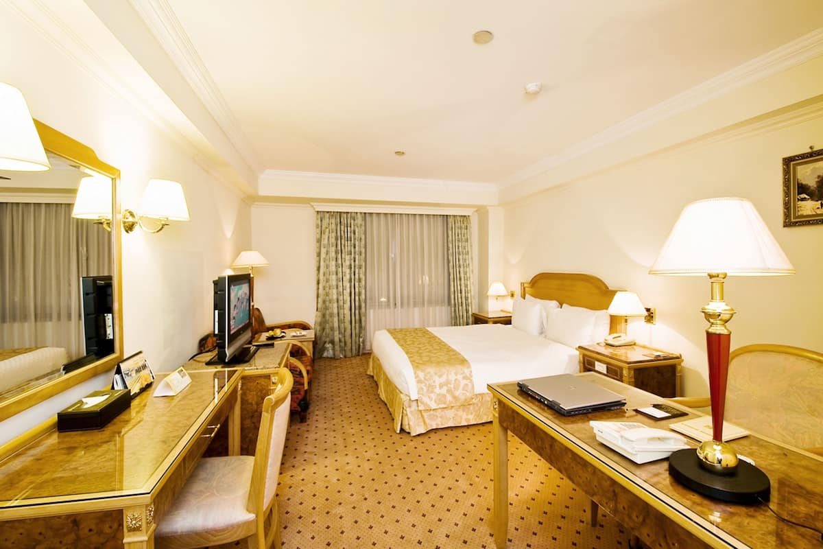 A hotel room with a bed, desk, chair, television, and a mirror.