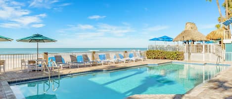 Outdoor pool, pool umbrellas, pool loungers