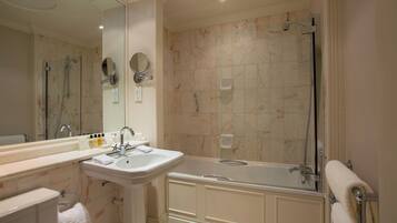Combined shower/tub, designer toiletries, hair dryer, bathrobes