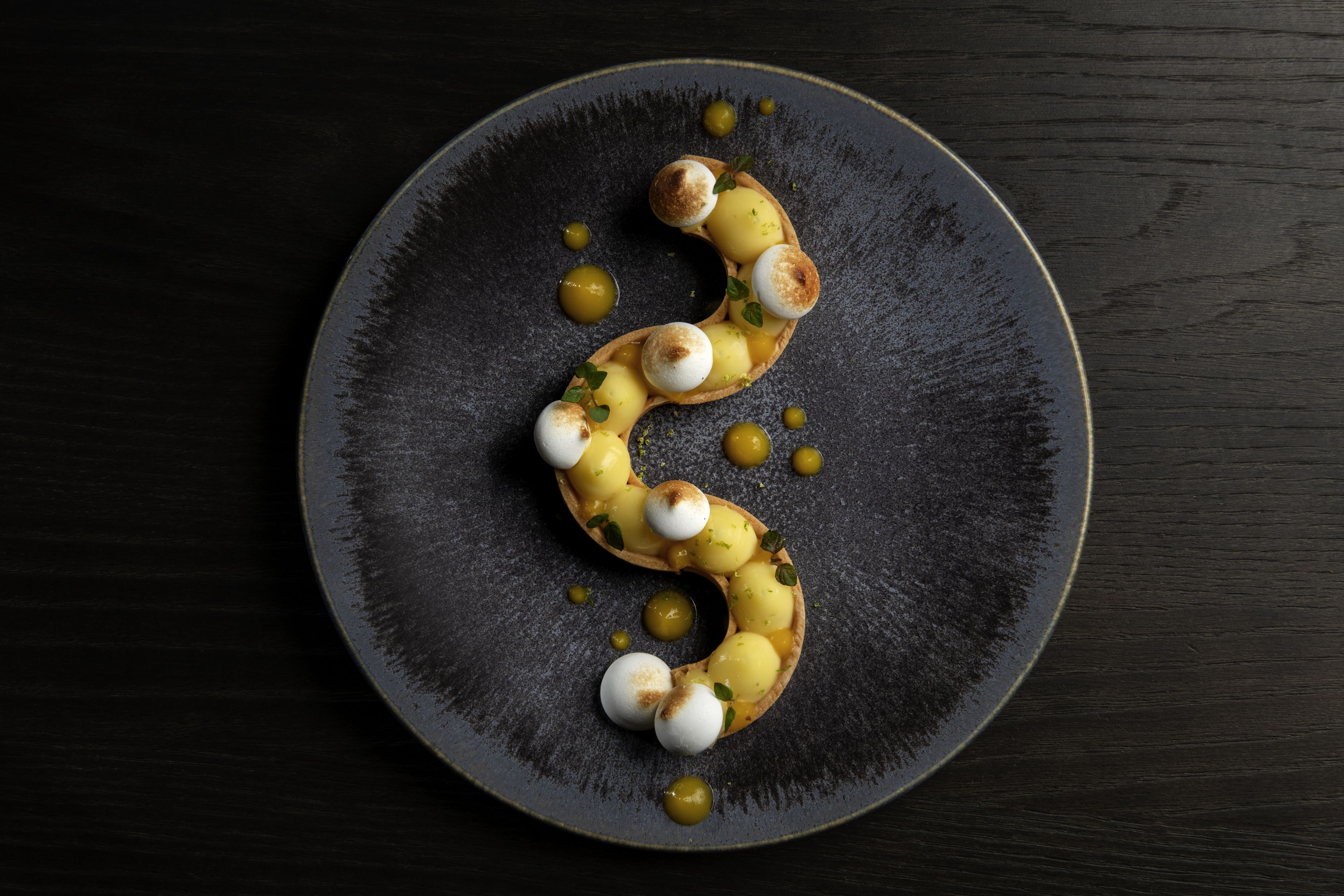 A dark plate with a food arrangement.