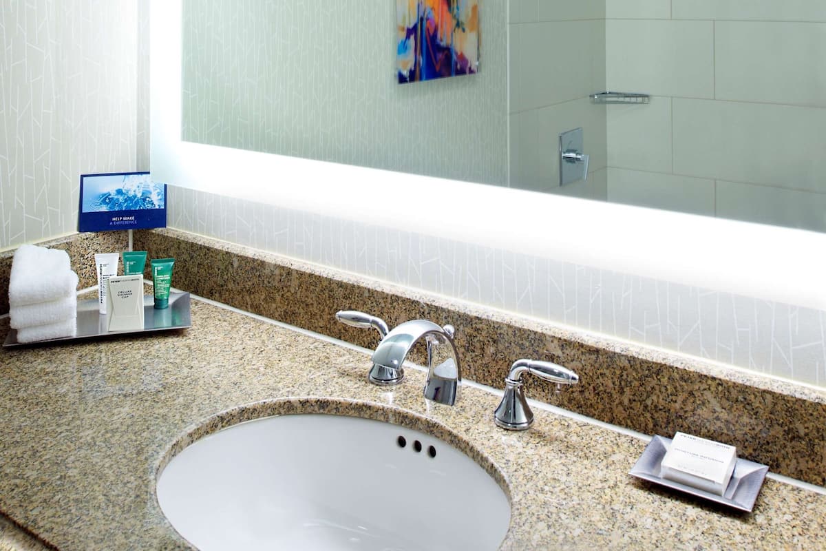 combined shower/bathtub, designer toiletries, hair dryer, towels