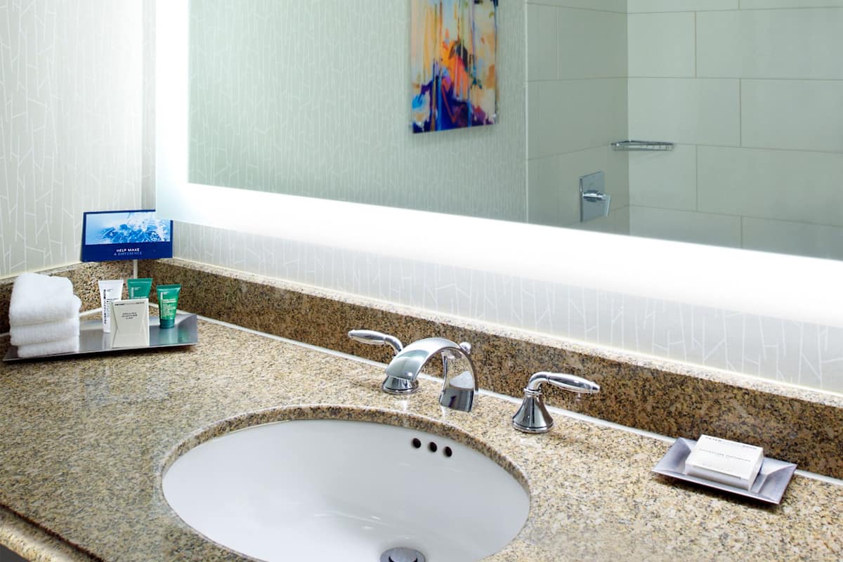 combined shower/bathtub, designer toiletries, hair dryer, towels