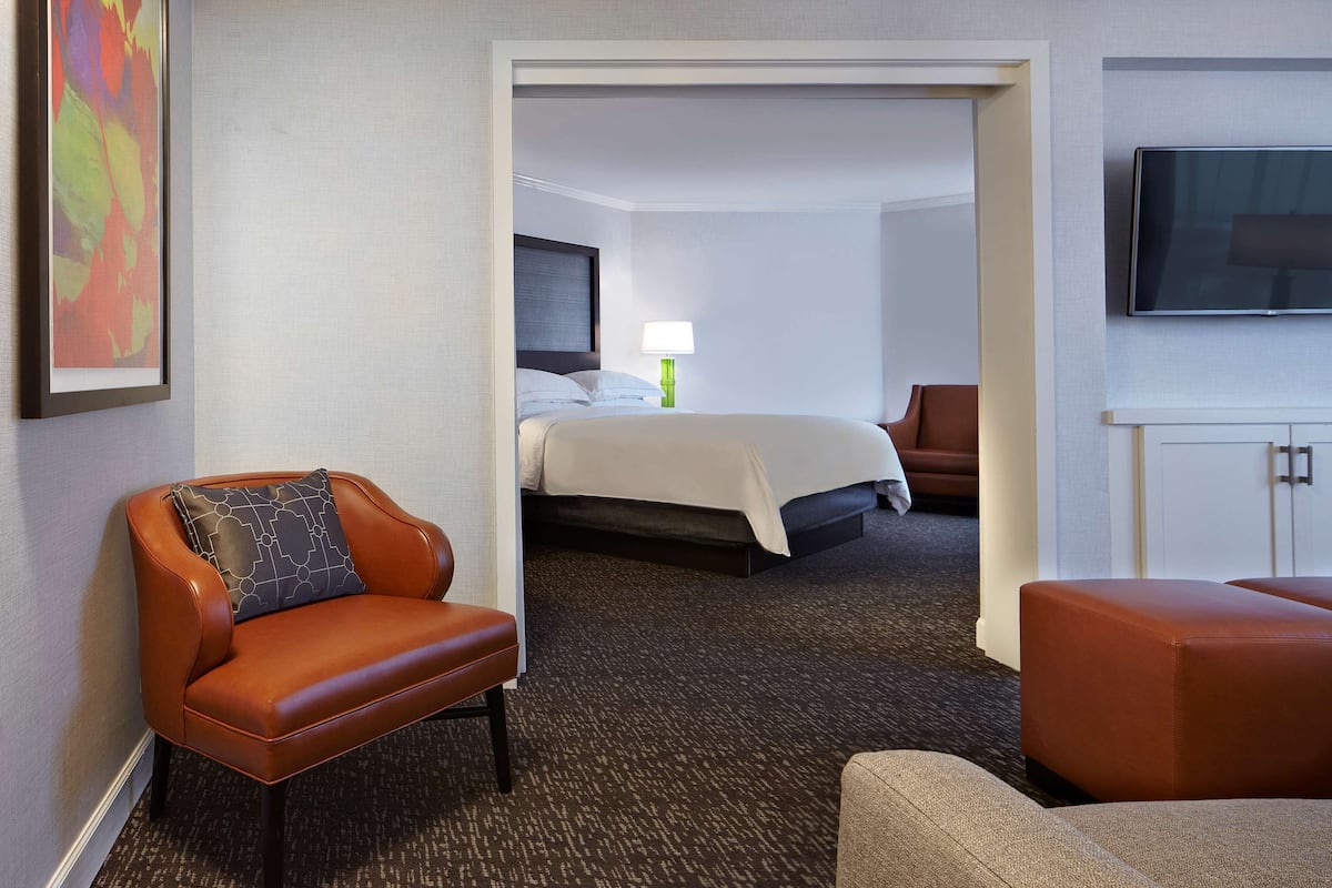 Une chambre d’hôtel avec un lit, une chaise, un canapé, une télévision et un tableau au mur.