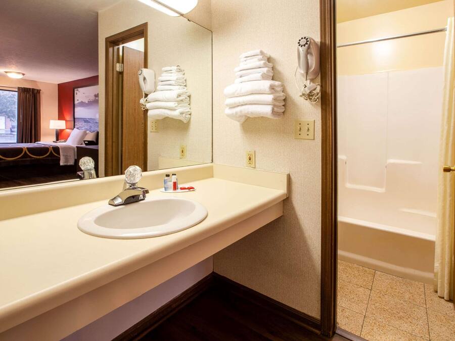 A hotel bathroom with a sink, mirror, towel rack, and a shower.