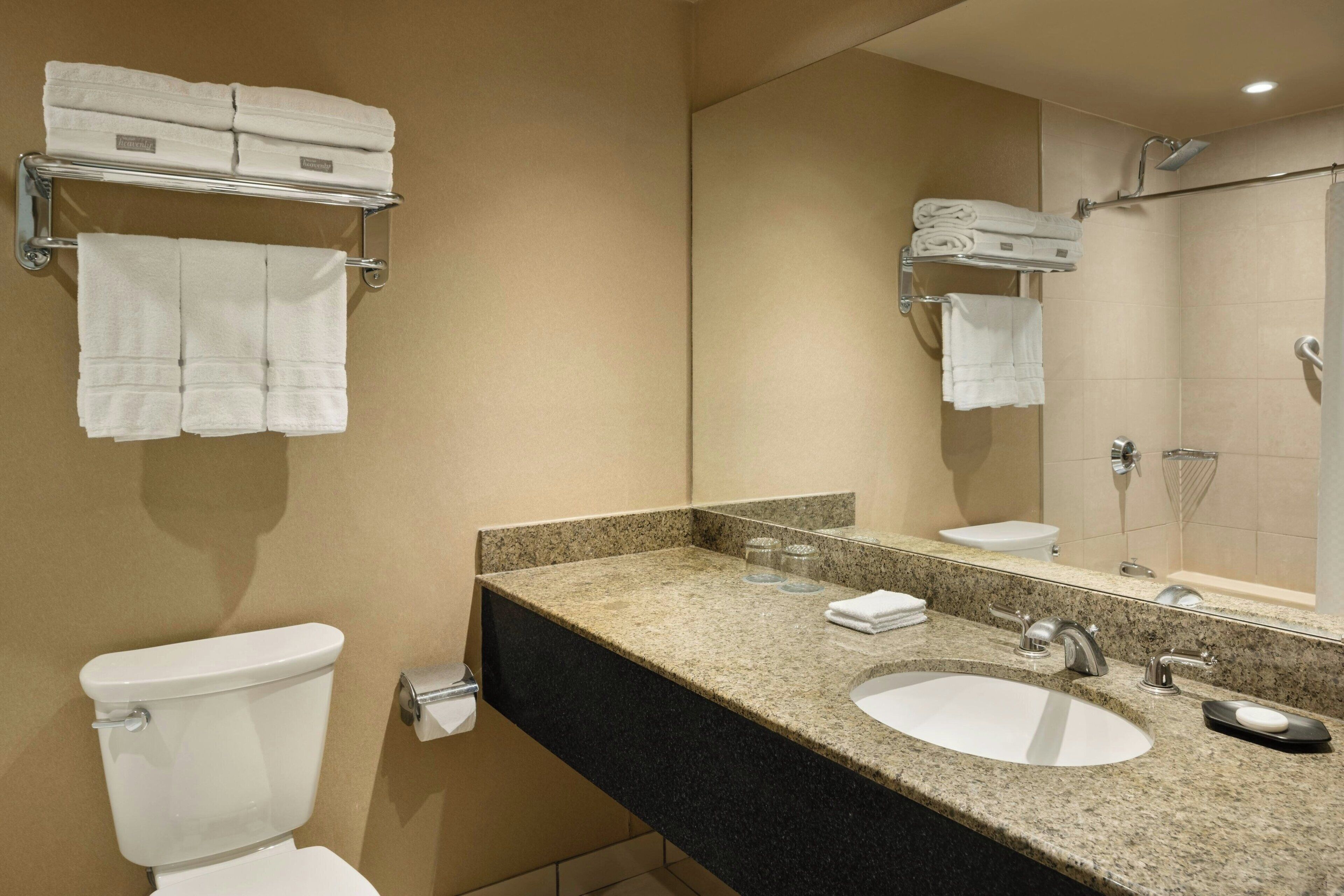 combined shower/bathtub, designer toiletries, hair dryer, towels