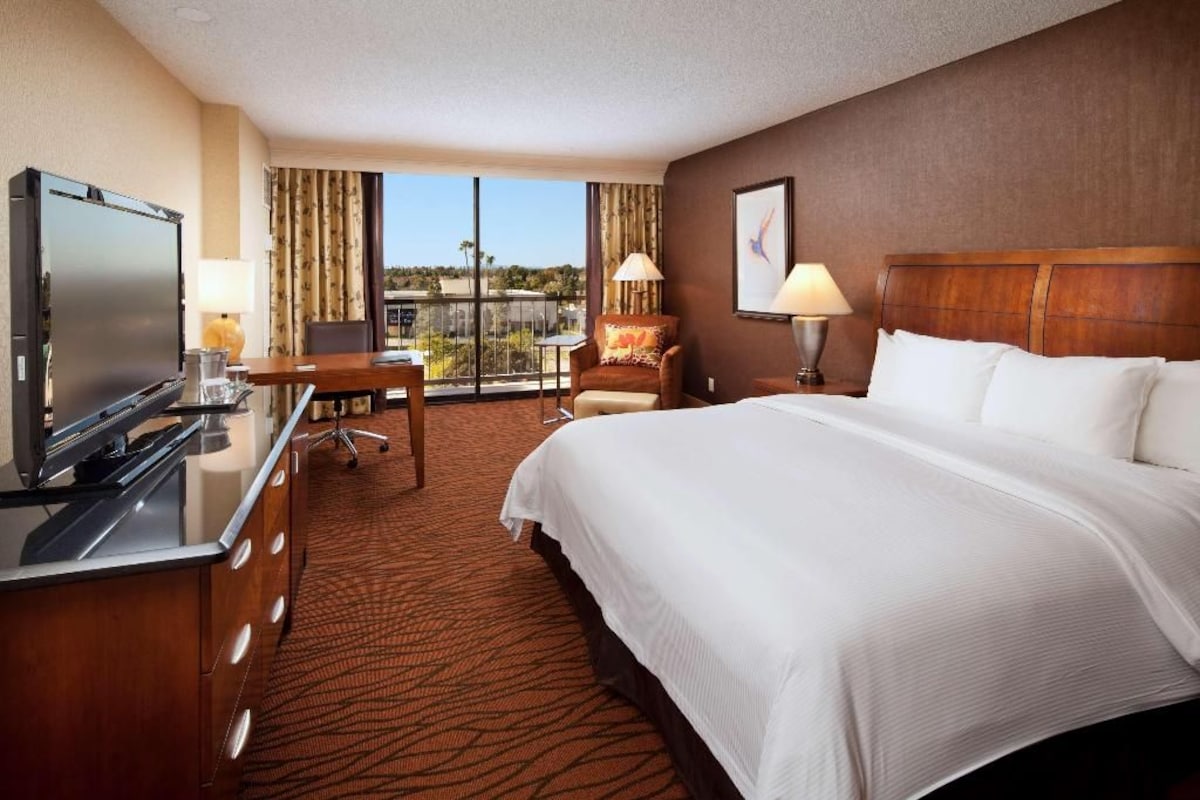 A hotel room with a large bed, a desk with a TV, a chair, a lamp, and a view of the outdoors.