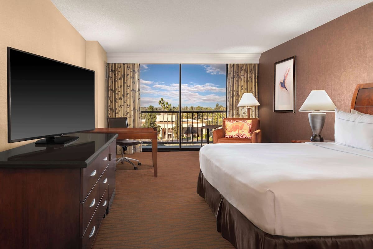 Quarto de hotel com uma cama grande, uma escrivaninha com televisão de tela plana, uma cadeira, um abajur e vista para o exterior por uma janela ampla.