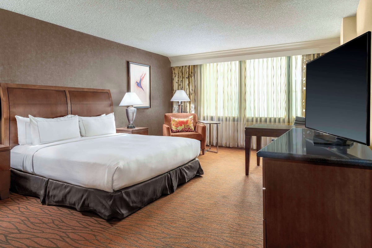 Quarto de hotel com uma cama grande, uma mesa, uma televisão e uma janela com cortinas.