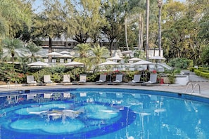 Outdoor pool, open 8:00 AM to 8:00 PM, pool umbrellas, sun loungers