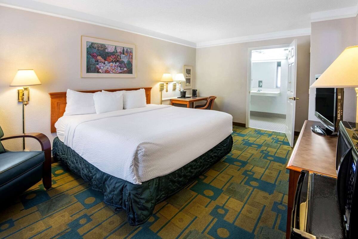 Une chambre d’hôtel avec un grand lit, deux lampes de chevet, un bureau avec une chaise, une télévision et un tableau au mur.