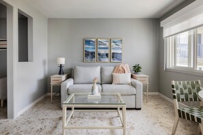 Room, 1 King Bed with Sofa bed, Pool View | 1 bedroom, in-room safe, blackout drapes, iron/ironing board - Blue Water Resort (South Yarmouth)