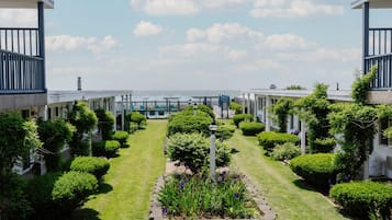 A courtyard with a pool, surrounded by well-maintained hedges and a clear view of the ocean.