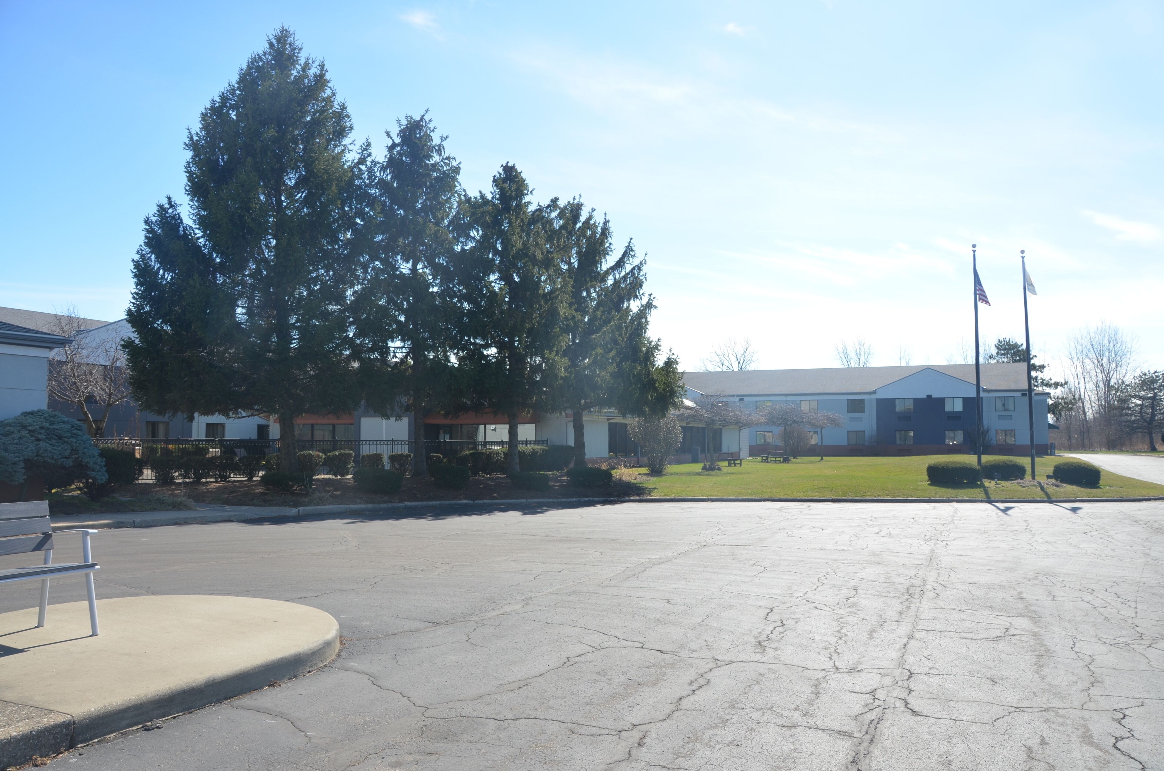 A parking lot with a large tree, a building with a blue roof, and two flags on flagpoles.