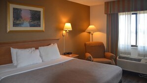 Una habitación de hotel con una cama grande, dos lámparas de noche, una silla, un ventanal con cortinas y un cuadro en la pared.