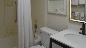 A bathroom with a toilet, a sink, and a mirror.