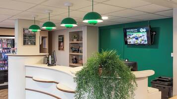 A reception area with a curved counter, green pendant lights, a television screen, and a potted plant.